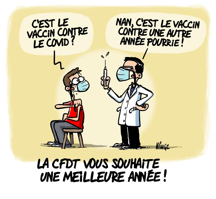dessin humoristique d'un médecin qui administre un vaccin contre une autre année pourrie à un patient